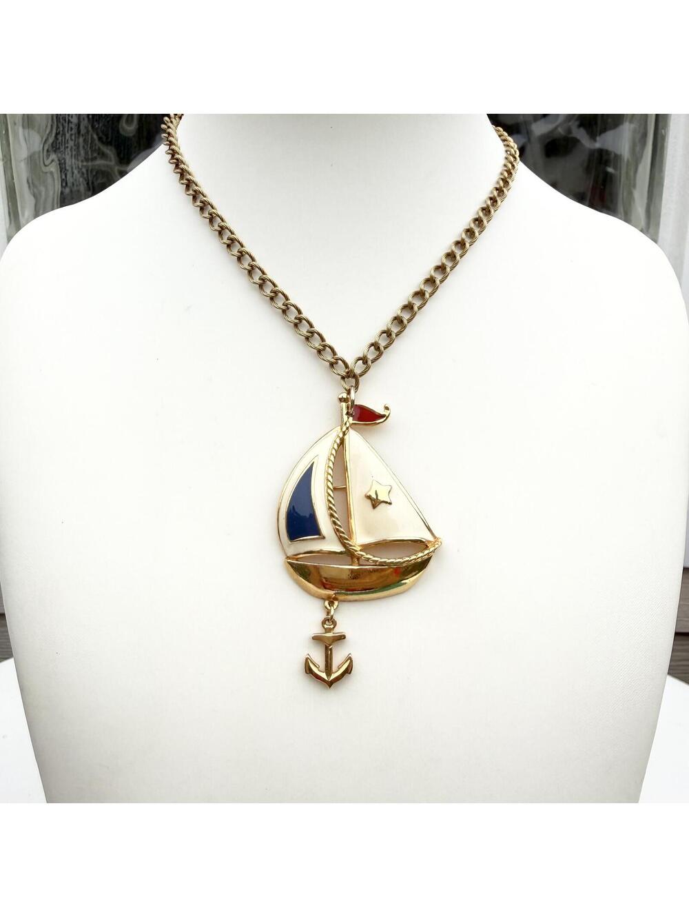 Vintage Avon Signed. Patriotic Sail Boat with Anchor Pendant.